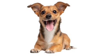 Happy dog with big ears sitting on white isolate background.