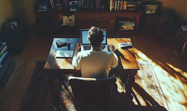 Back view of person working on laptop at wooden desk in sunlit r