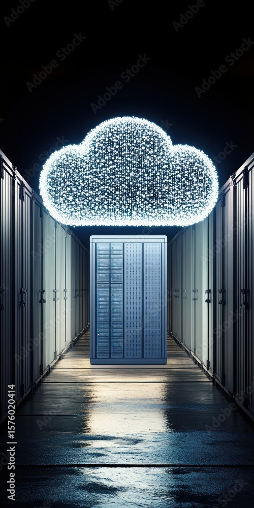 Aufkleber illuminated cloud symbol above a server rack in a data center hallway.