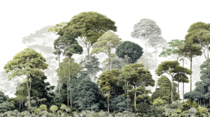 Lush green trees displaying diverse foliage, isolated on a white background.