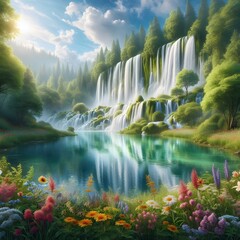 Beautiful waterfall on lake