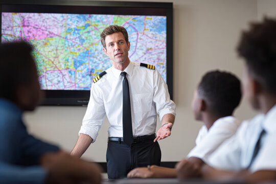 A pilot in uniform is explaining aviation concepts to students, with a detailed map displayed on a screen behind him.