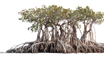 Mangrove trees with extensive roots, isolated on a white background.