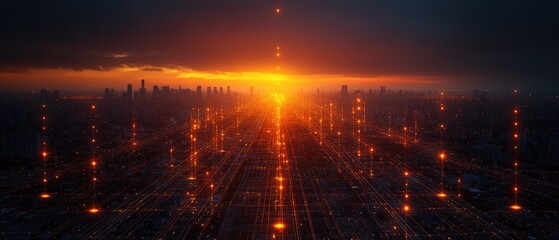 Fototapeta premium Aerial view of a futuristic city at sunset.