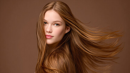 Fototapeta premium A young woman with long, flowing brown hair poses against a plain brown background, showcasing healthy, shiny locks and a serene expression.