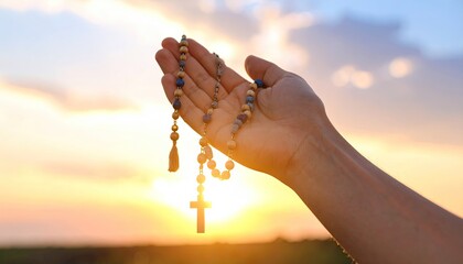 Hand holding rosary at sunset (1)