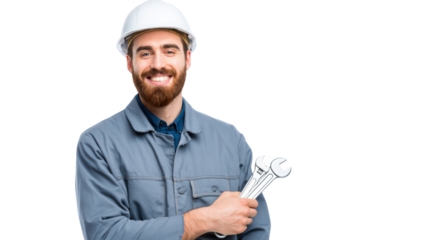 Smiling worker holding wrenches, wearing a hard hat and uniform, with a black isolated background.