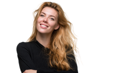 Smiling young woman with long hair posing confidently, isolated on a white background.