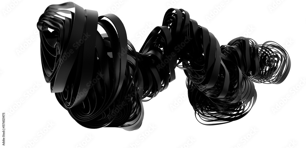 Poster 3d render of a black ribbon swirling and twisting into abstract shapes. ideal for design and tech ba