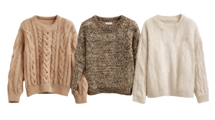 Stylish and cozy knitted sweaters in neutral tones on white isolate background.