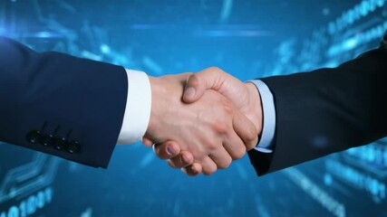A digital handshake between two business people wearing suits with a backdrop of blue binary code - Powered by Adobe