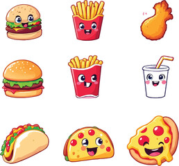 Smiling Fast Food Icons – Vector Illustration of Cartoon Burger, Fries, Fried Chicken, Taco, Pizza, and Drink Characters in Grid Layout