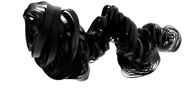 3D render of a black ribbon swirling and twisting into abstract shapes. Ideal for design and tech backgrounds.