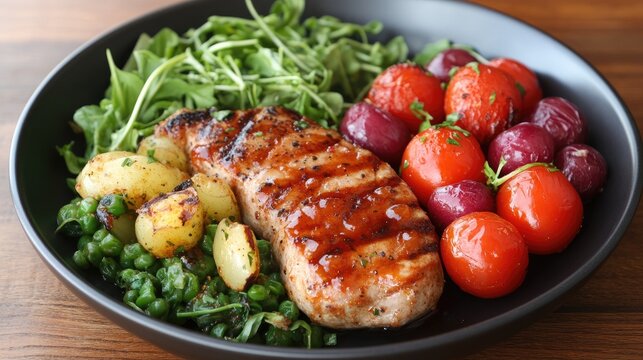 Grilled pork chop served with roasted vegetables and potatoes. - Powered by Adobe