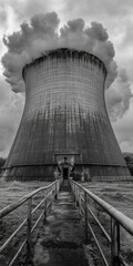 Grey industrial cooling tower with path leading to center.