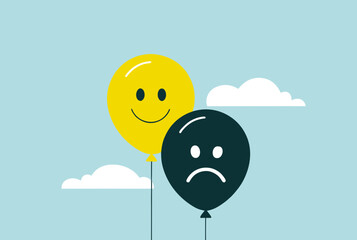 Vector illustration of happy yellow and sad black balloons with clouds on a light blue background