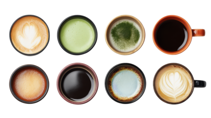 Top view of various coffee cups arranged in a row on a white background.