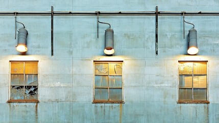 Industrial building facade with broken windows and hanging lights.
