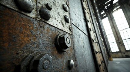 Close-up view of rusty metal panels with rivets and bolts.