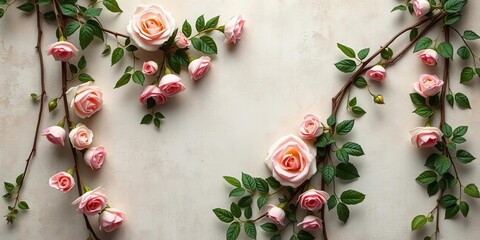 Delicate pastel roses and climbing vines on faded, textured wallpaper,  background image,  floral background