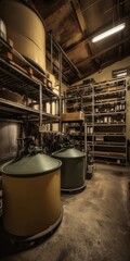 Industrial interior with large storage tanks.