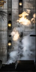 Foggy concrete steps and building facade.