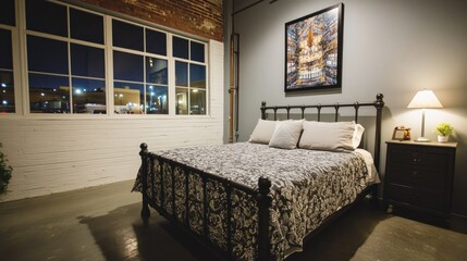 Comfortable bedroom with city lights reflecting in the windows.