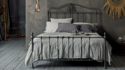 Gray metal bed frame in a modern bedroom.