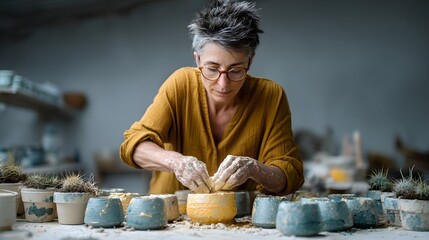 Woman in Yellow Sweater Creating Pottery