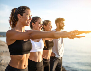  "Smiling Group Enjoying Outdoor Fitness Session"
