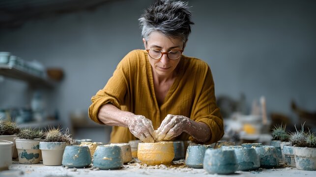 Woman in Yellow Sweater Creating Pottery