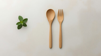 A minimalistic kitchen with a wooden spoon and fork, green mint leaves, and soft lighting, features a clean, simple, and balanced composition with a natural, eco-friendly aesthetic.
