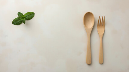 A minimalistic kitchen with a wooden spoon and fork, green mint leaves, and soft lighting, features a clean, simple, and balanced composition with a natural, eco-friendly aesthetic.