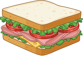 Cartoon sandwich with ham, cheese, lettuce, tomato, and bread, vector illustration, fresh food, delicious lunch, healthy meal design