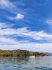 a beautiful ship is sailing in the blue sea