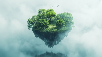 Lush, floating island in a misty atmosphere.
