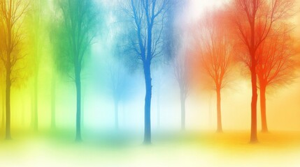 Colorful trees in a misty forest.