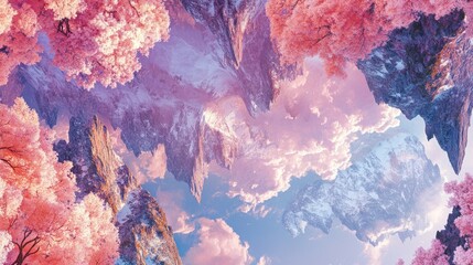 A captivating view of a mountainous landscape blanketed in pink flowering trees and soft pastel hues.