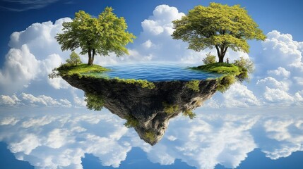 Floating island with lush trees and water, reflected in the sky.