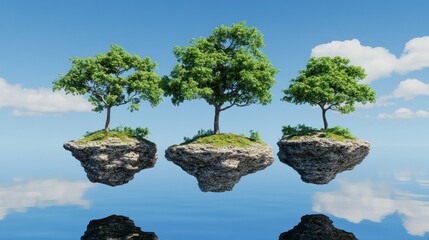 Floating islands with trees in a clear sky.