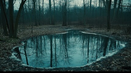 Still water reflects a dark forest.