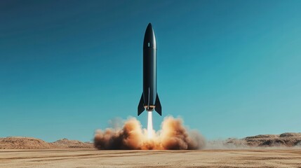 Black rocket launching from desert landscape under clear blue sky.