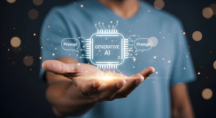 Human hand interacts with a glowing artificial intelligence processor, symbolizing digital innovation and creative input.