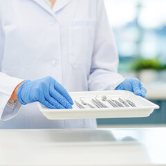 A medical professional in a white coat and blue gloves holds a tray with various dental instruments.