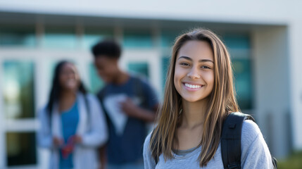 Hispanic female student smiling confidently with backpack outside modern school building while classmates talk in background.