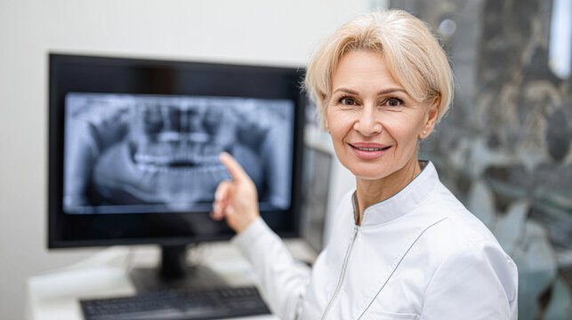 A female dentist in a white coat points to a dental X-ray on a computer screen, smiling confidently in a clinical setting.