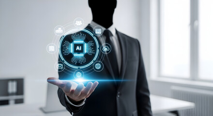 Future-focused professional displays a glowing artificial intelligence chip surrounded by interconnected digital services.