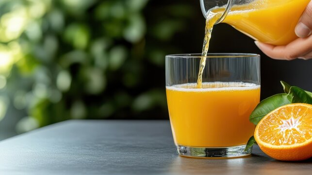 Person Pouring Fresh Orange Juice into a Clear Glass with Bright Sunlight