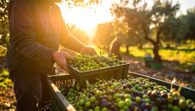 Farmer Harvesting Ripe Olives at Sunset Golden Hour.