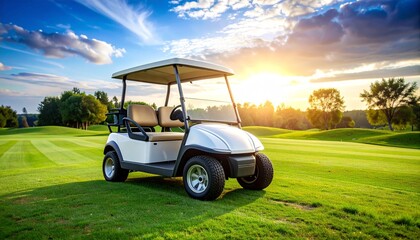 Fototapeta premium Serene Sunset Golf Cart on Lush Green Course.